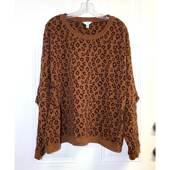 Time And Tru Swing Sweatshirt Plus Size XXXL 22 Brown Flocked Animal Print - Picture 1 of 11